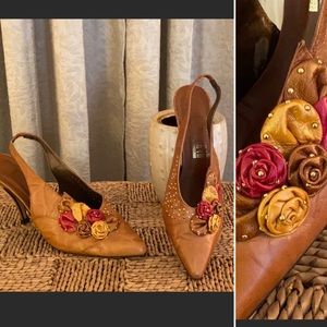 Vintage Ricinni Slingback Heels Flowers Studded